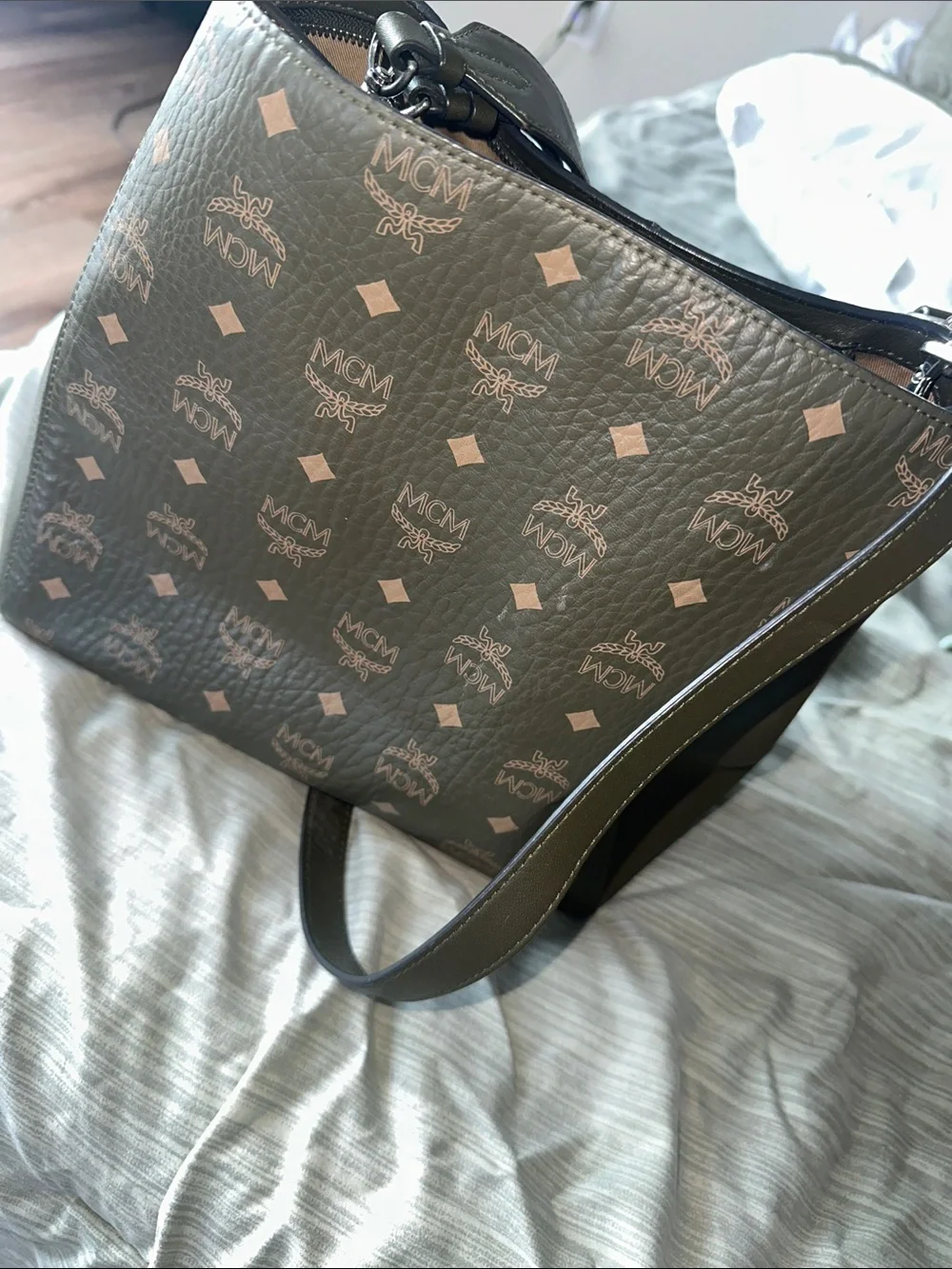MCM Olive Brown Monogram Canvas Shoulder Bag 100% AUTHENTIC - Picture 7 of 11